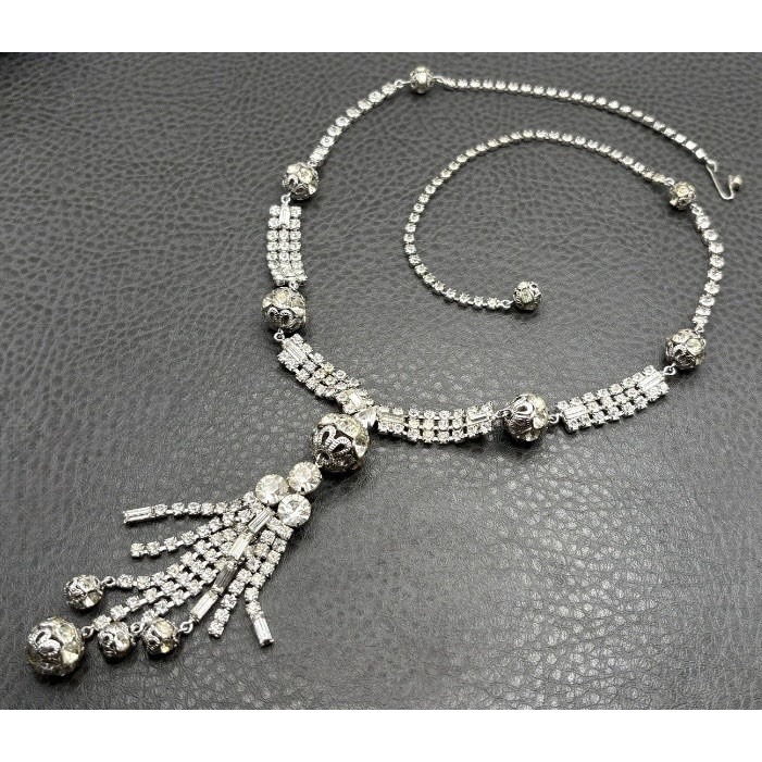 Huge Art Deco Crystal Rhinestone Tassel Ball Fringe Flapper Necklace 25" Long